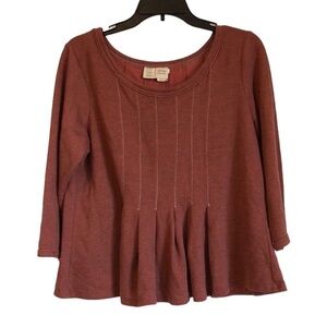 Anthropologie Womens Mid-Sleeve Crop Sweater Sz L Peplum Pleats Red Black Casual